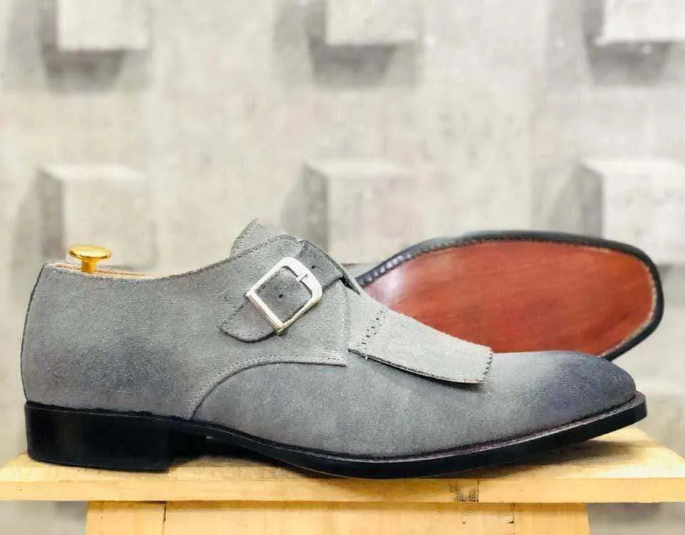 Men's Gray Monk Buckle Fringe Suede Shoe