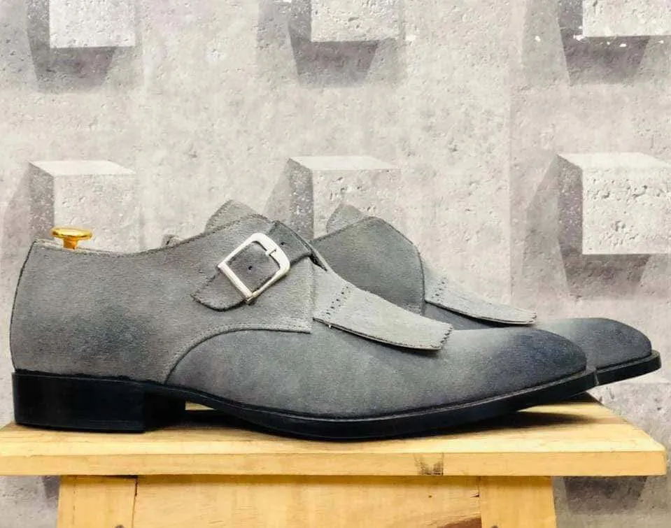 Men's Gray Monk Buckle Fringe Suede Shoe