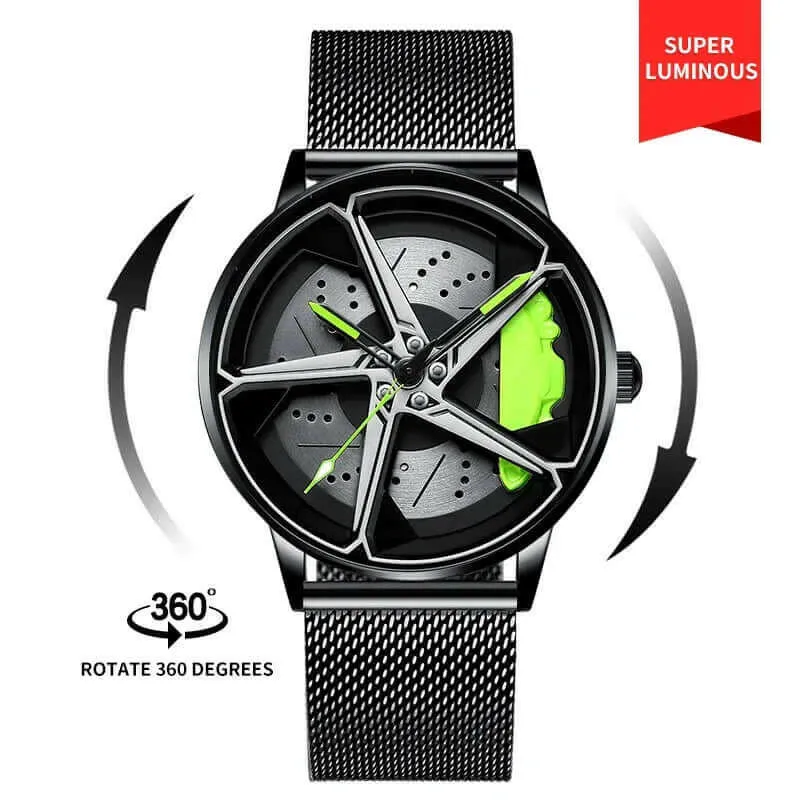 Men's Sports Car Wheel Hub Watch - Water Resistant, Rotating Rim Design