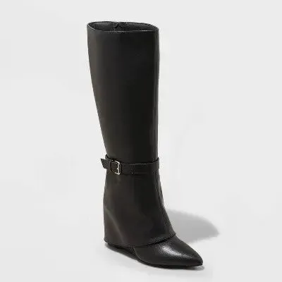 New - A New Day Women's Faux Leather Zipper Knee Dress Boots Wedge Heel Memory Foam