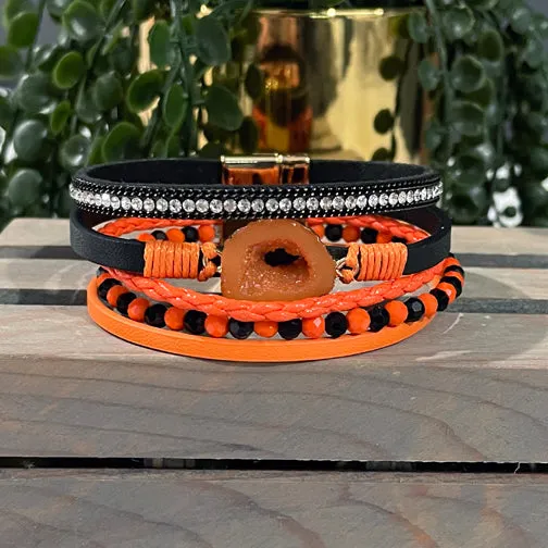 Orange & Black Bengals Spirit Leather Wrap Bracelet