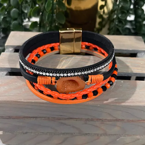 Orange & Black Bengals Spirit Leather Wrap Bracelet