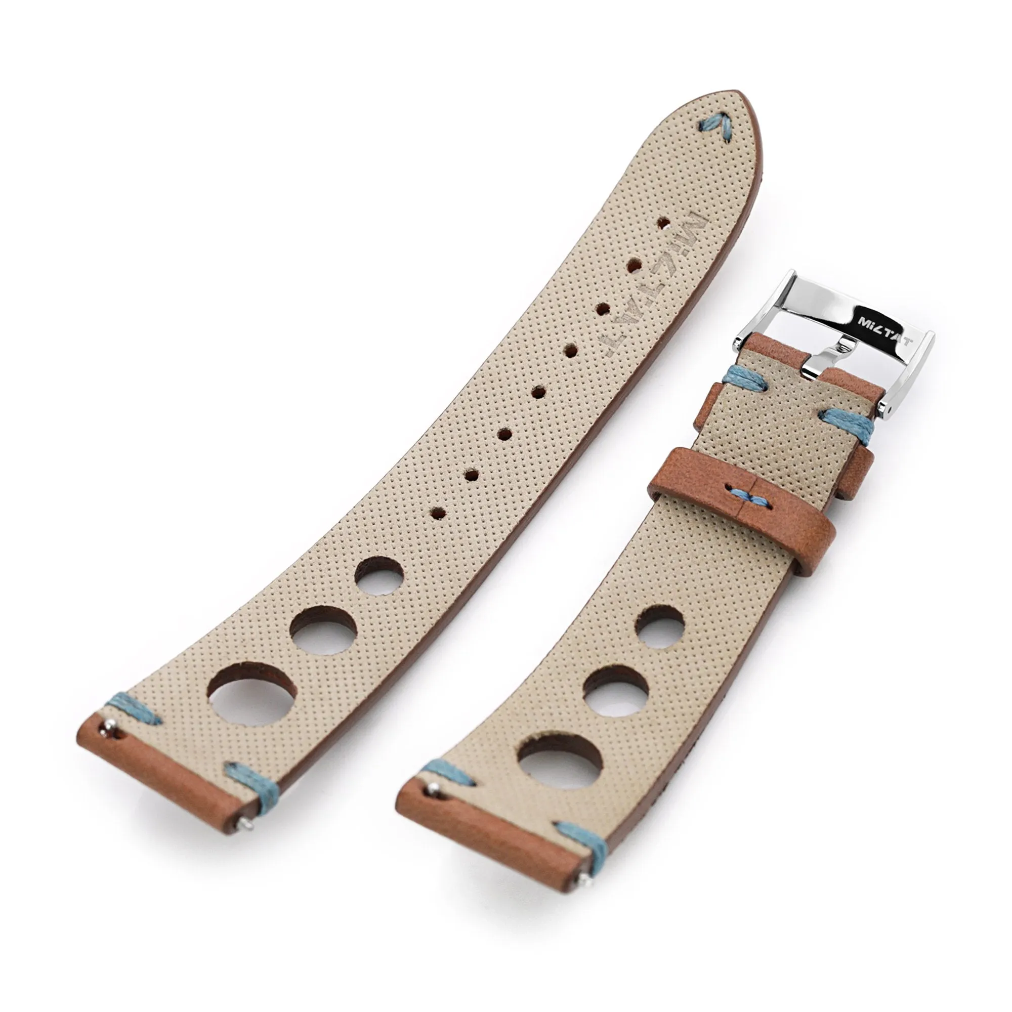 Q.R. 22mm Brown Leather Italian Handmade Racer strap, Blue St.