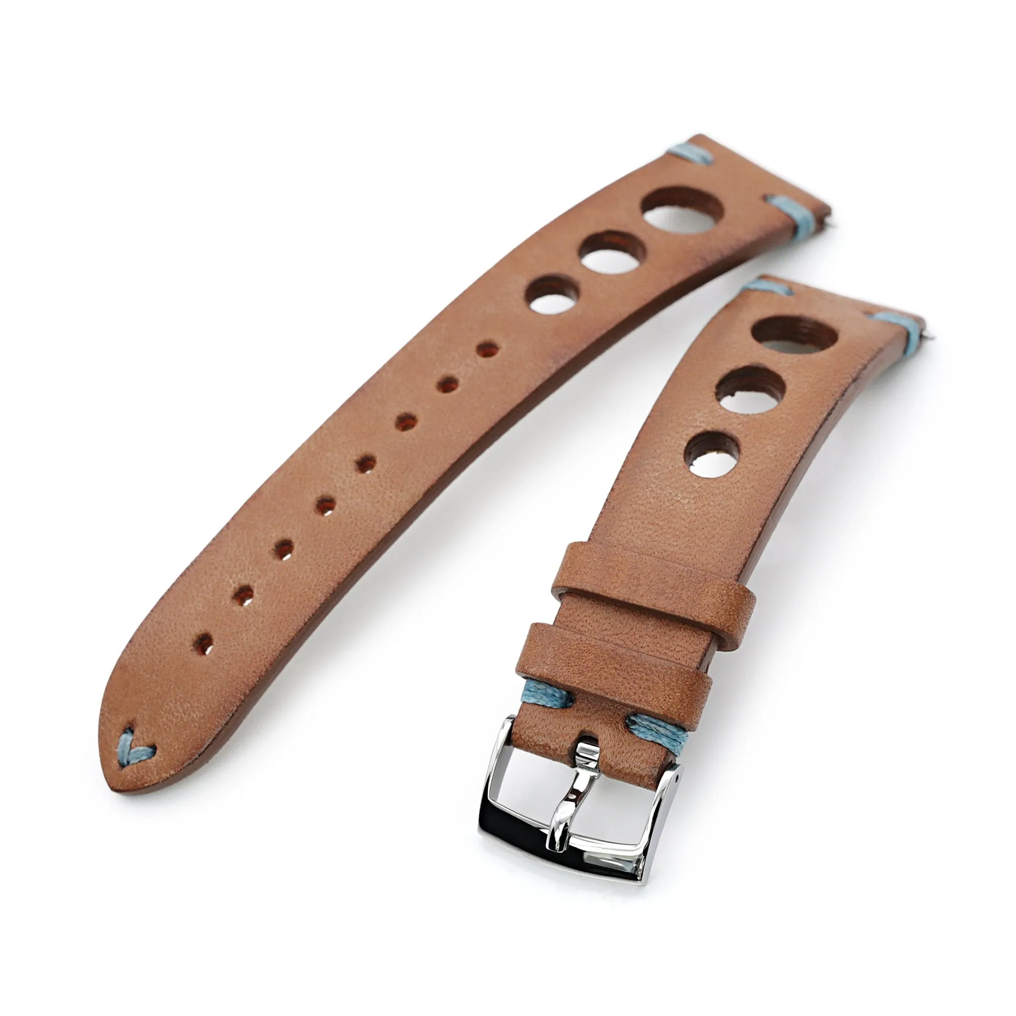 Q.R. 22mm Brown Leather Italian Handmade Racer strap, Blue St.