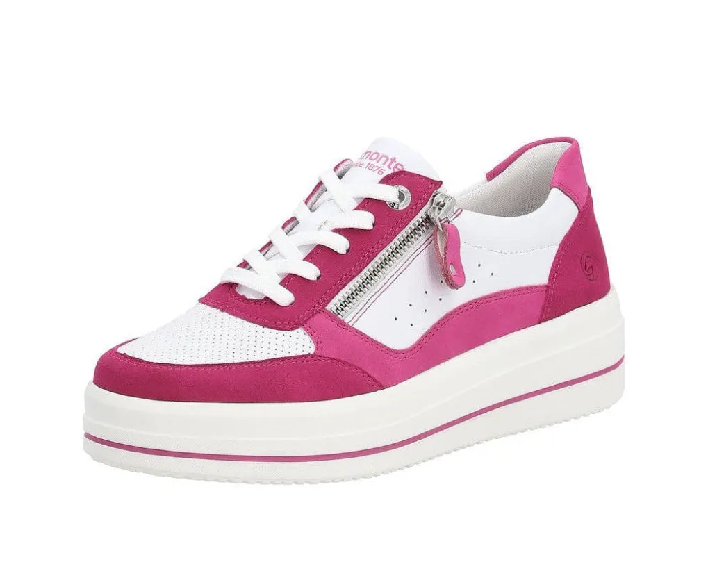 Remonte D1C00-81 Rock Leather White With Magenta Trim Flatform Trainers