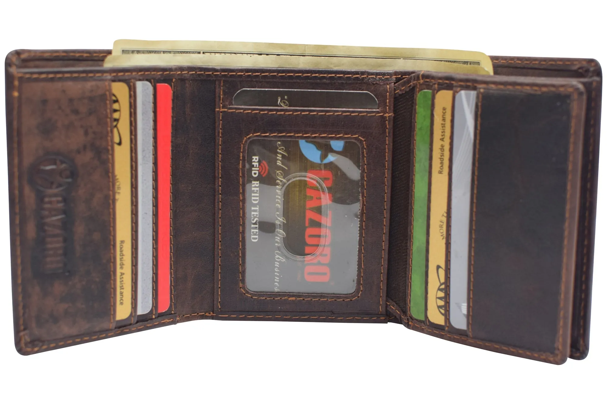 RFID1107BF Vintage Buffalo Leather Men's RFID Trifold Wallet With Double ID Windows