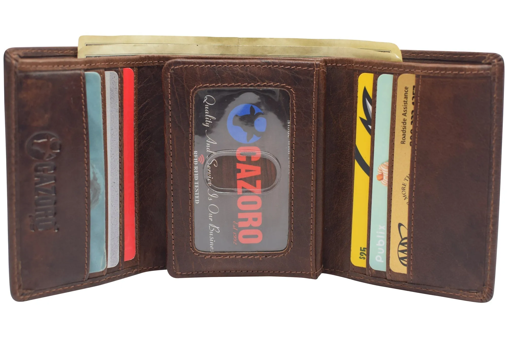 RFID1107BF Vintage Buffalo Leather Men's RFID Trifold Wallet With Double ID Windows