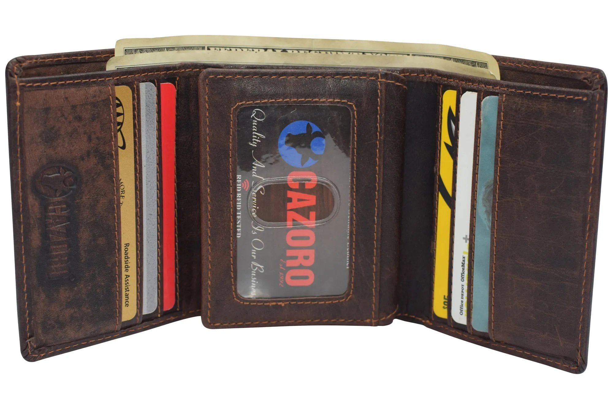 RFID1107BF Vintage Buffalo Leather Men's RFID Trifold Wallet With Double ID Windows