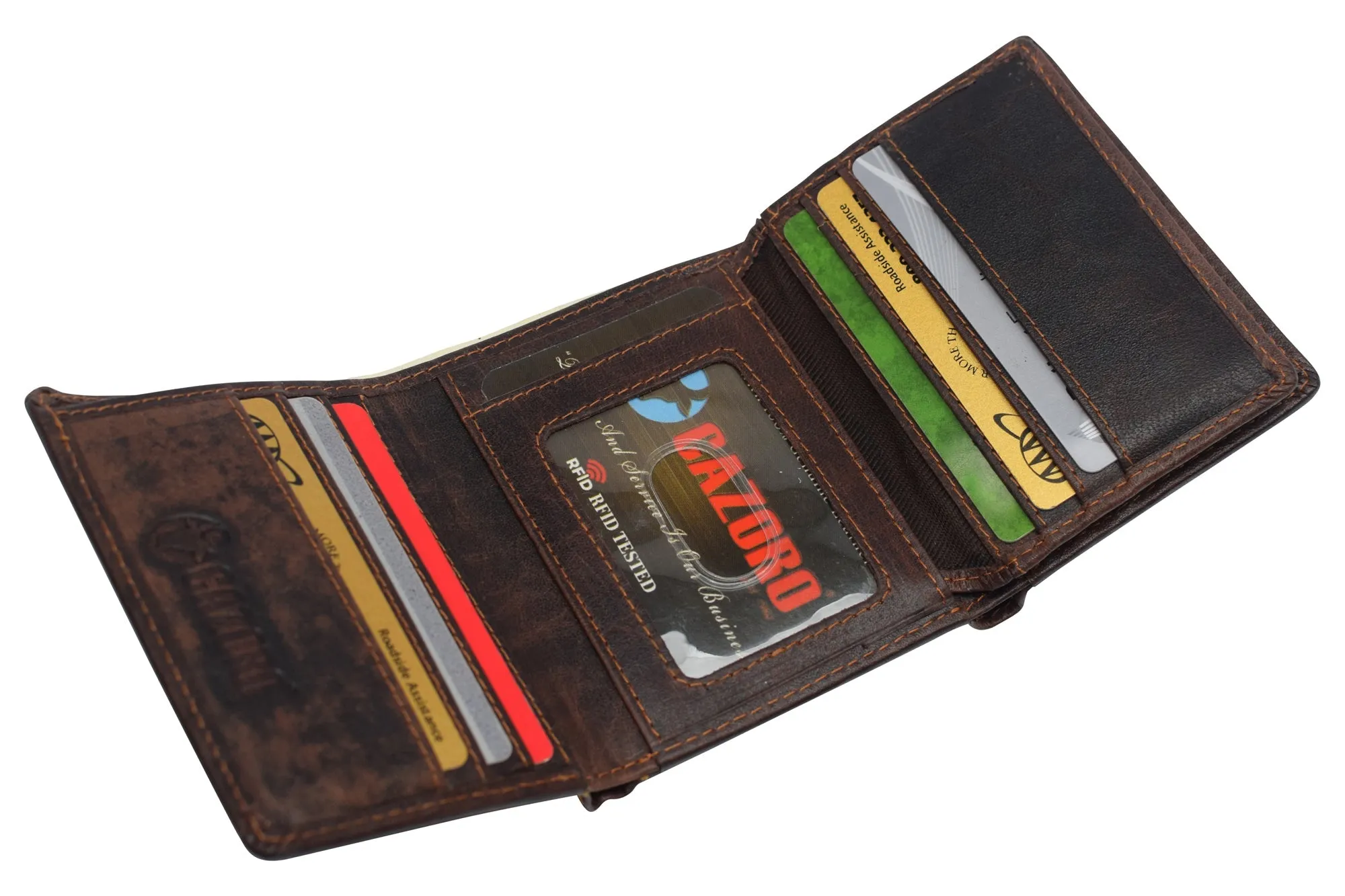 RFID1107BF Vintage Buffalo Leather Men's RFID Trifold Wallet With Double ID Windows