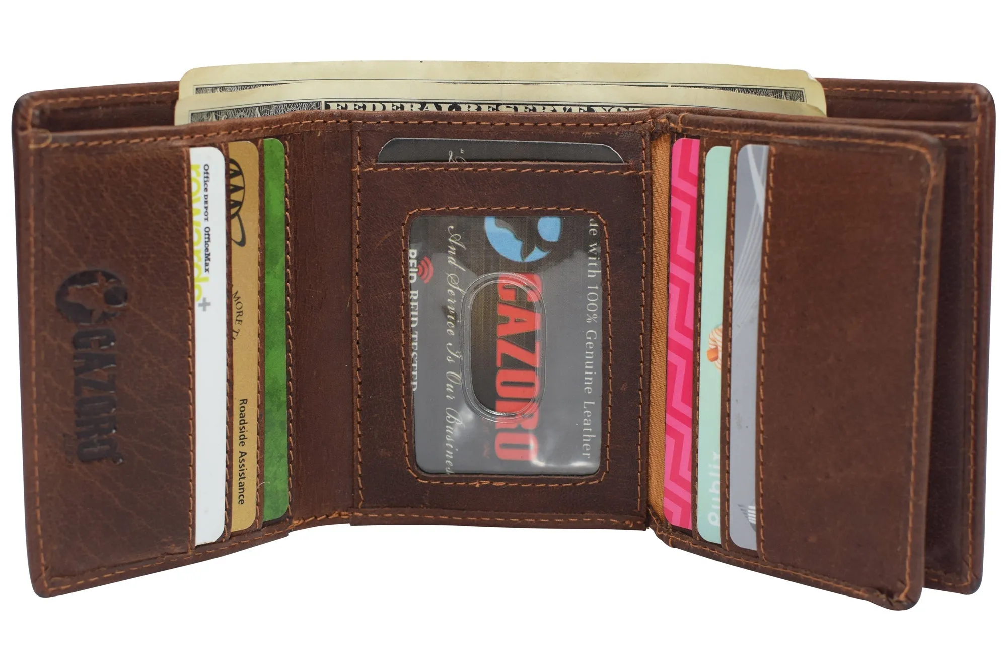 RFID1107BF Vintage Buffalo Leather Men's RFID Trifold Wallet With Double ID Windows