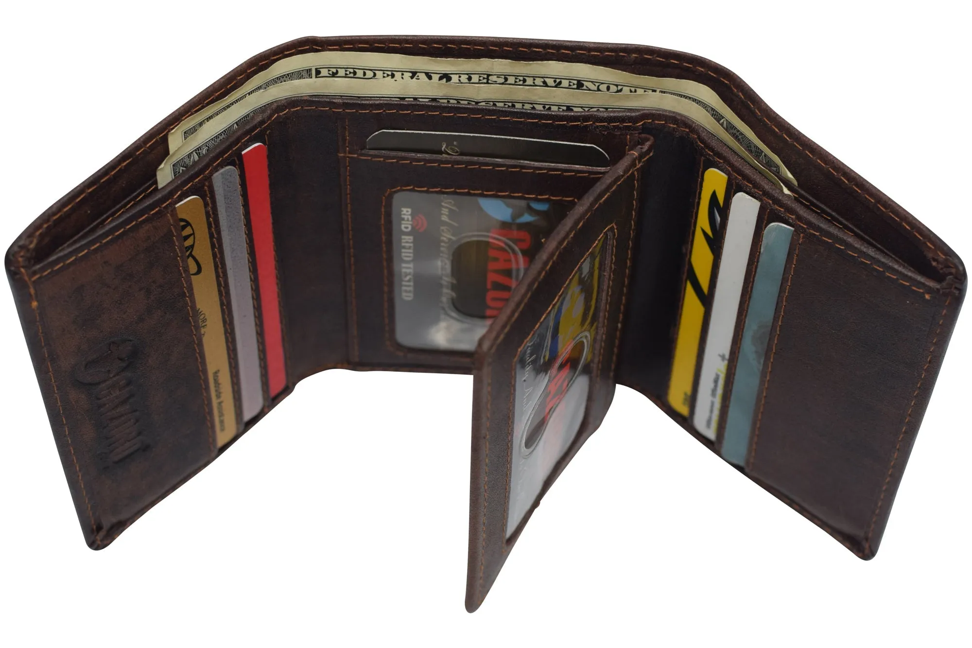 RFID1107BF Vintage Buffalo Leather Men's RFID Trifold Wallet With Double ID Windows