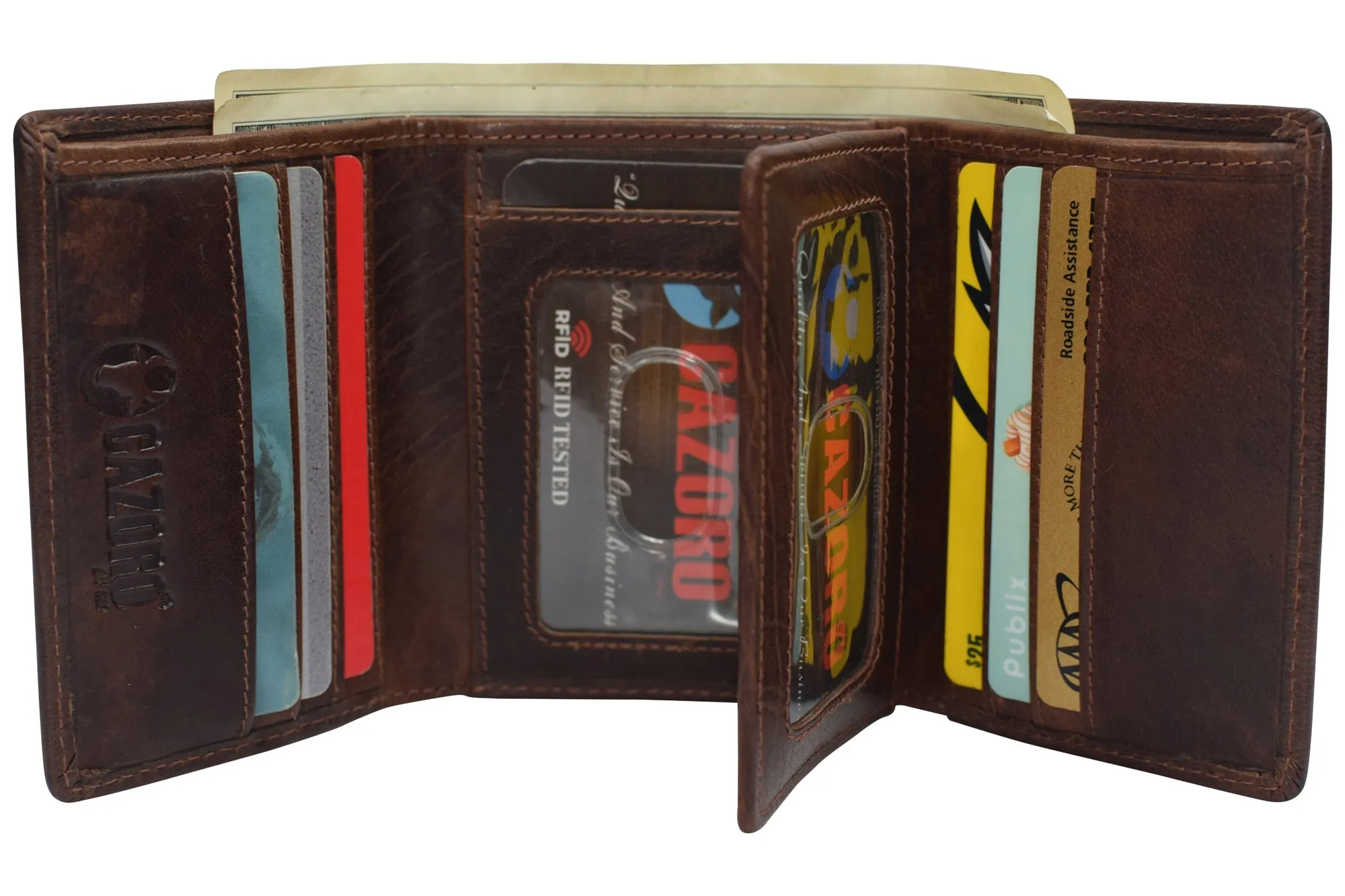 RFID1107BF Vintage Buffalo Leather Men's RFID Trifold Wallet With Double ID Windows