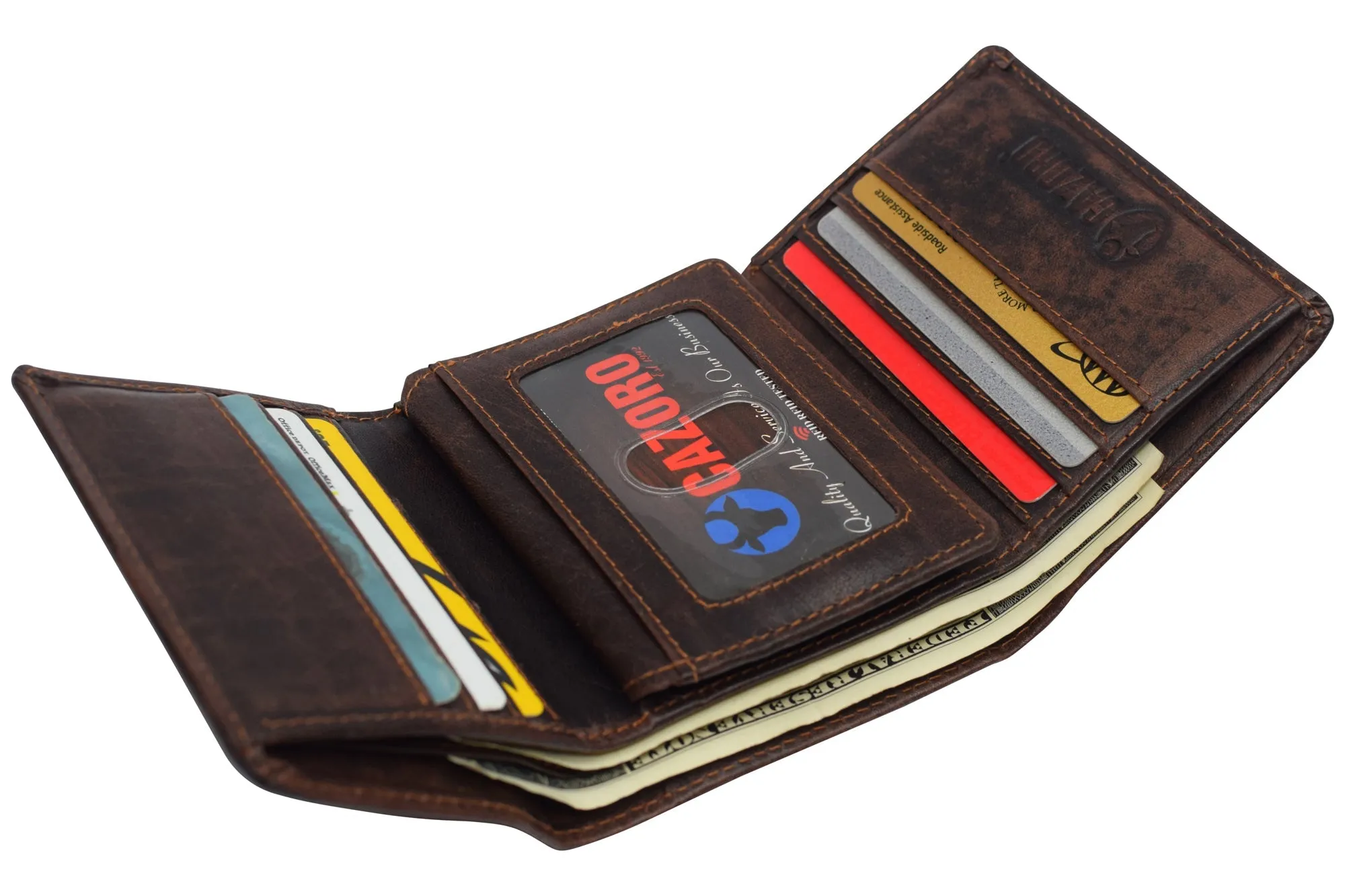 RFID1107BF Vintage Buffalo Leather Men's RFID Trifold Wallet With Double ID Windows