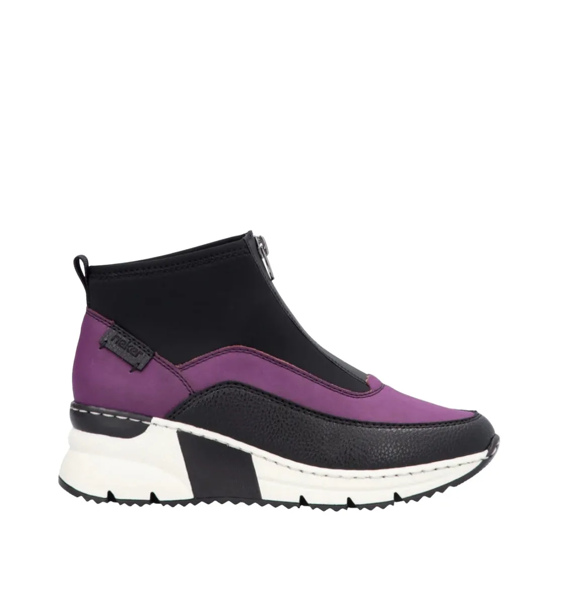 Rieker N6352-30 Korsika Amethyst And Black Ankle Zip Front Wedge Trainers