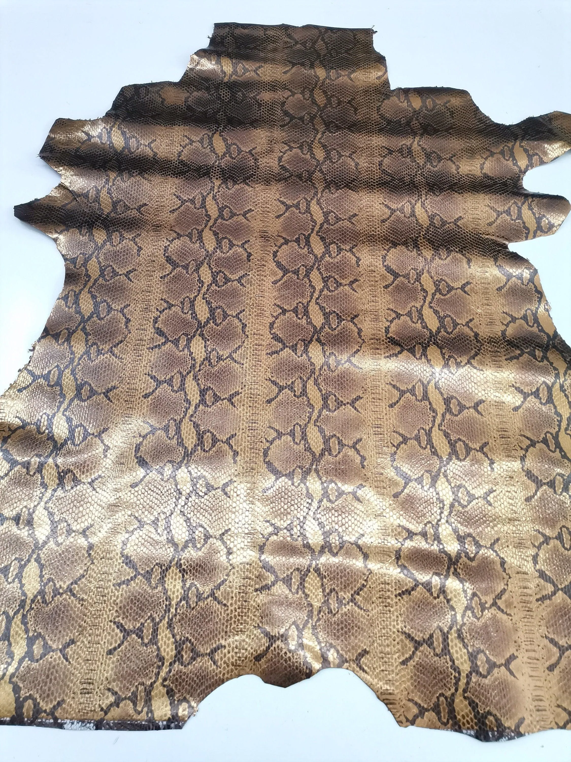 Sheep leather hide, Genuine lambskin leather sheets, brown rust gold metallic snake effect, thick 0,9mm(2,5 Oz)