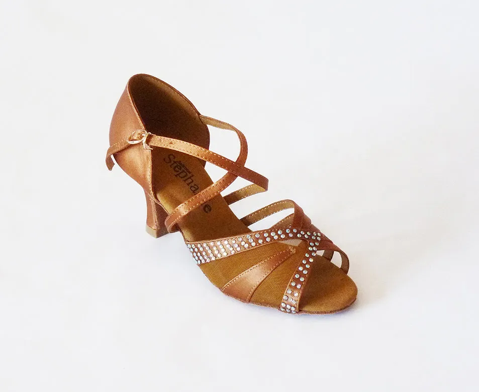 Stephanie Dance Shoes, 2056-45, Dark Tan Satin-Rhinestones, 2” & 2.5” Flared Heel