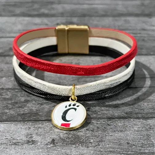 University of Cincinnati Bearcat Charm Leather Wrap Bracelet