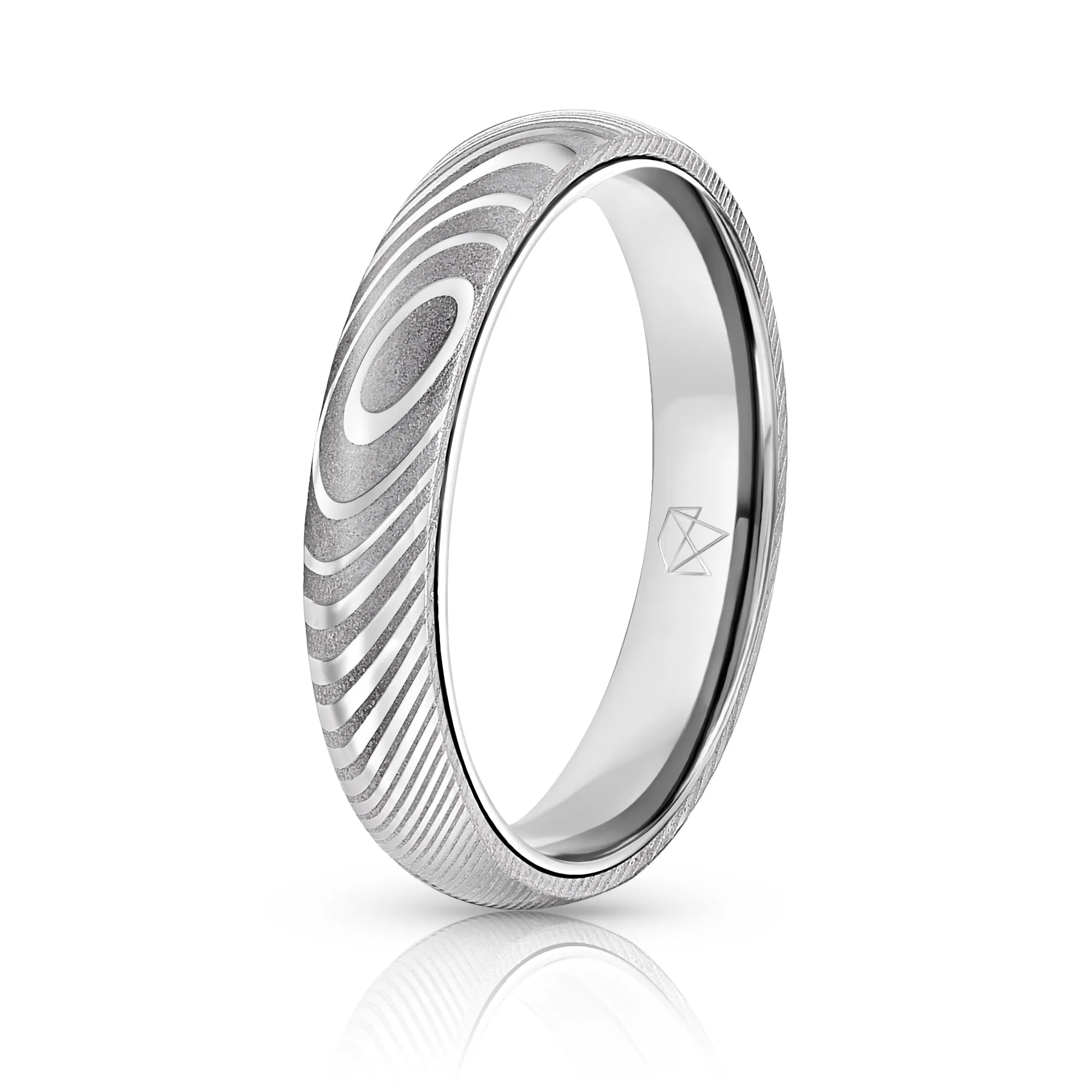 Wood Grain Damascus Steel Ring - Sterling Silver - 4MM